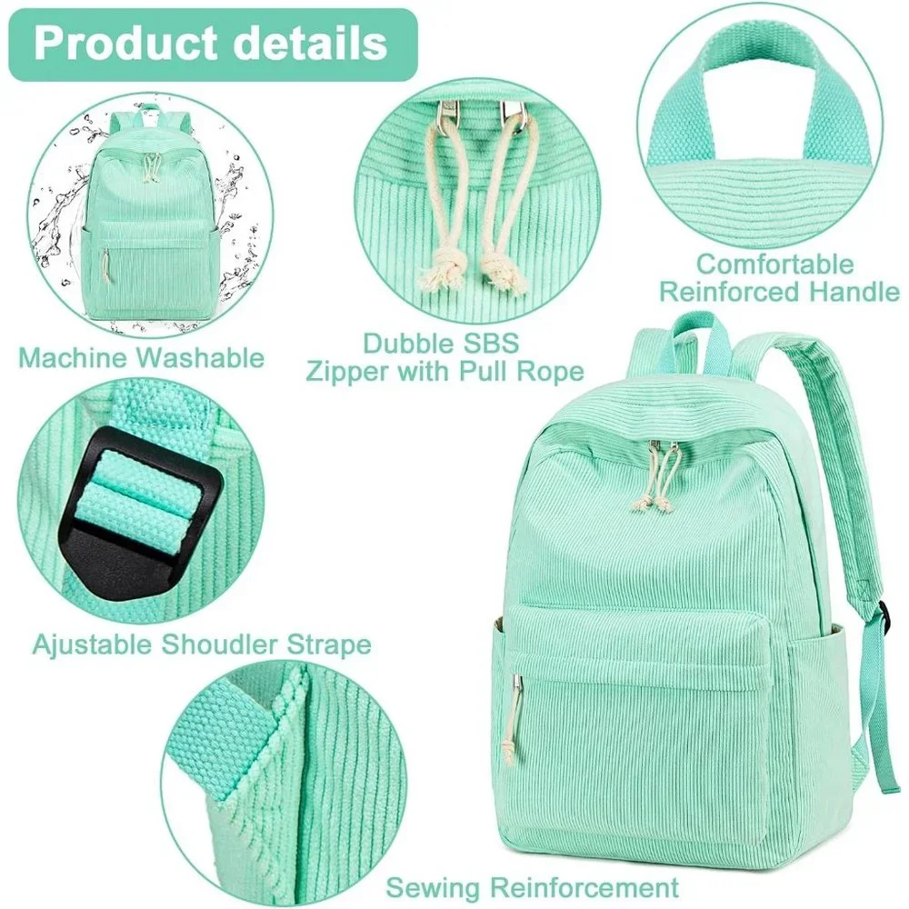 17'' Women Large Lightweight Laptop Casual High Corduroy School Bag - Picture 7 of 8